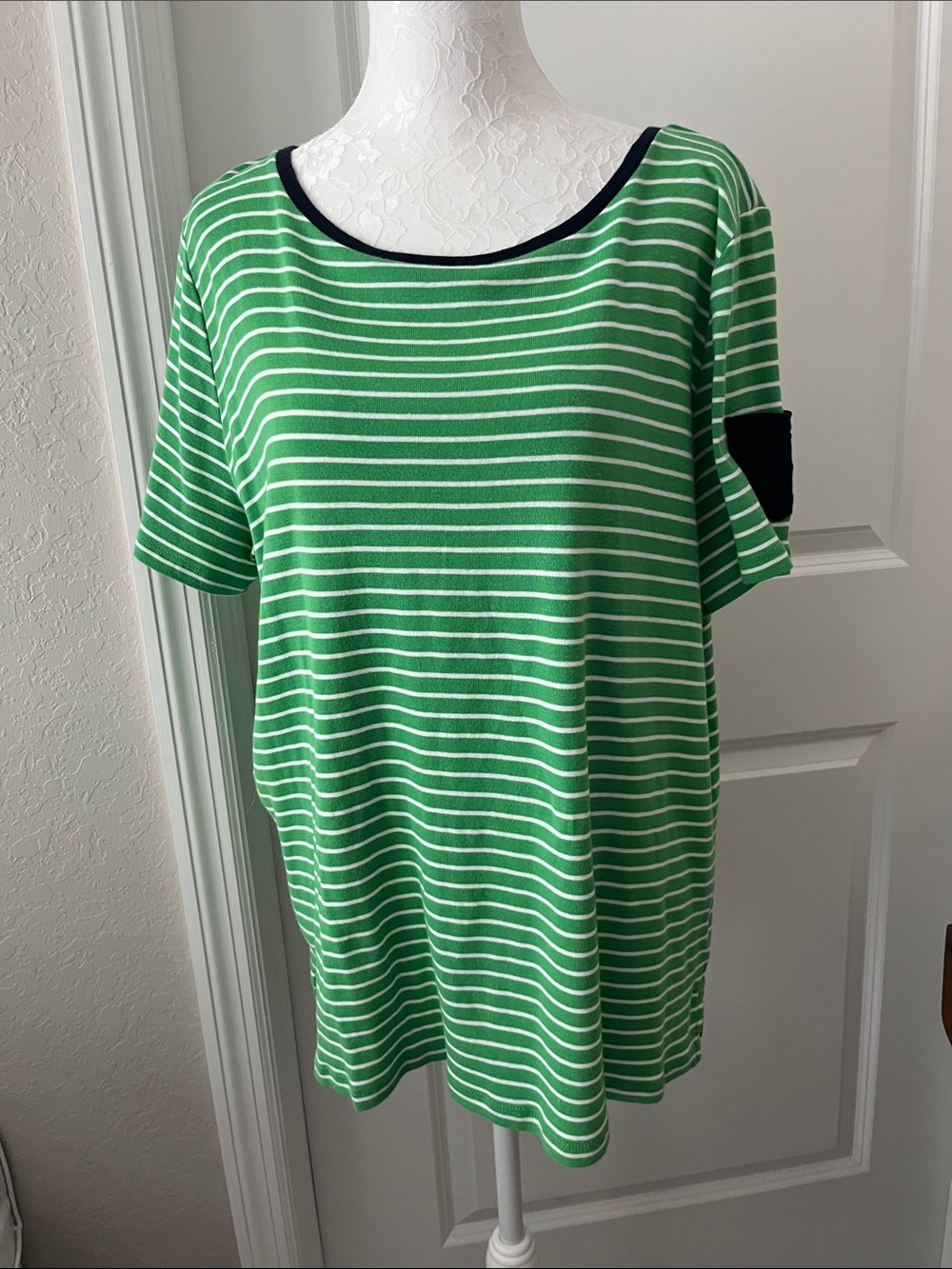Ralph Lauren Size Kelly Green & White Striped Tee with Navy Trim & Pocket